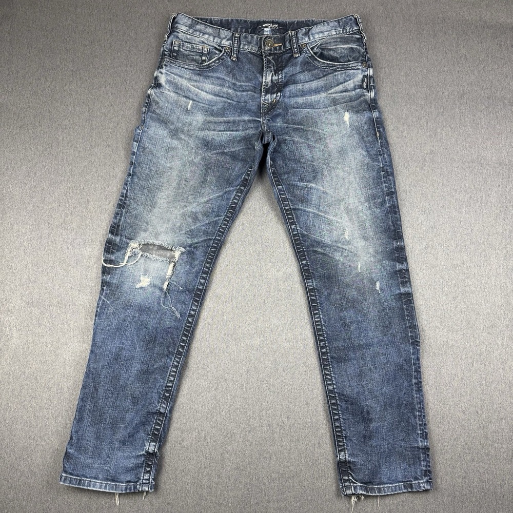 Silver Jeans Eddie Mens 34x32* Blue Straight Jeans Denim Distressed Thrashed